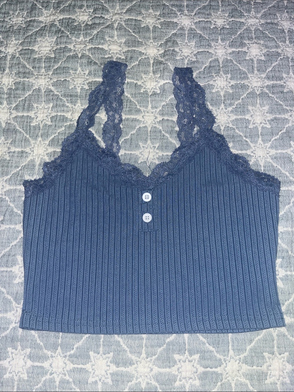 Lace-Trim Ribbed Crop Tank Top - Blue
